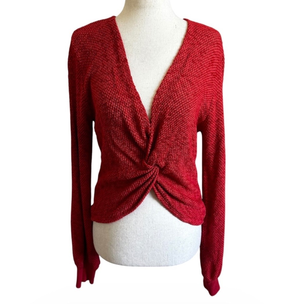 LAmade Womens Red Twist Front V-Neck Long Sleeve Textured Knit Top Size M | 0084